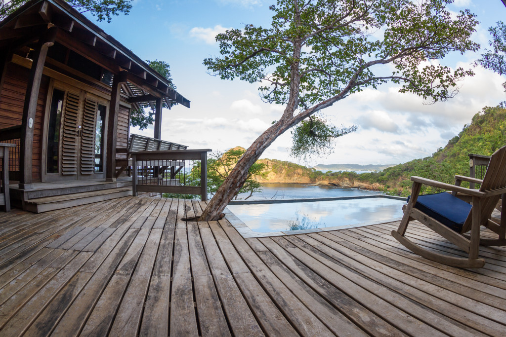 A well-built wooden deck in the backyard