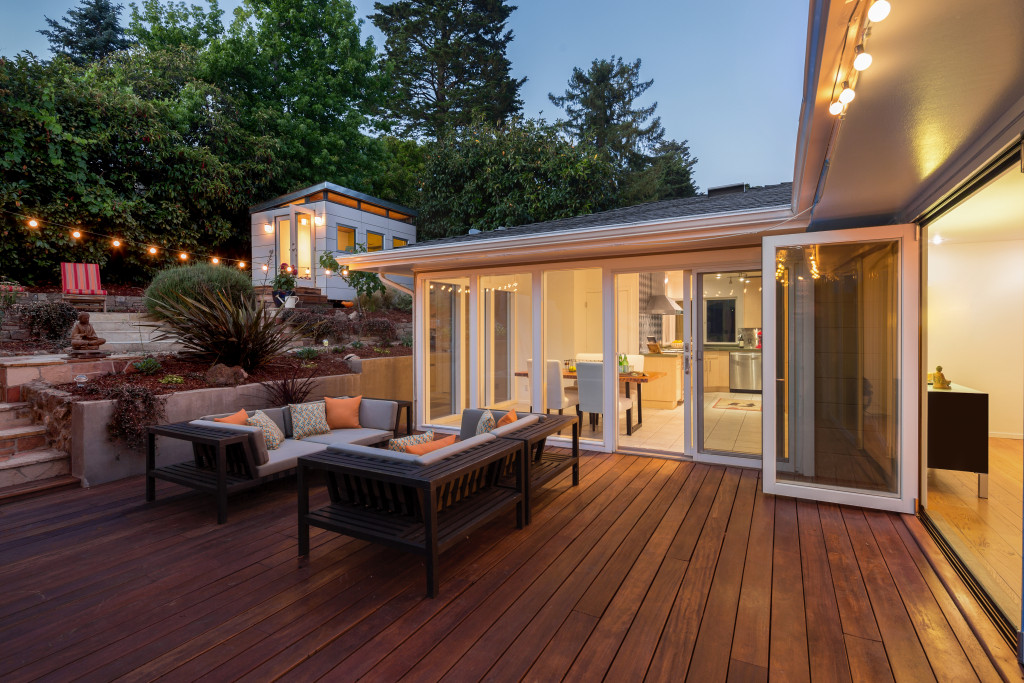 an outdoor space with lighting