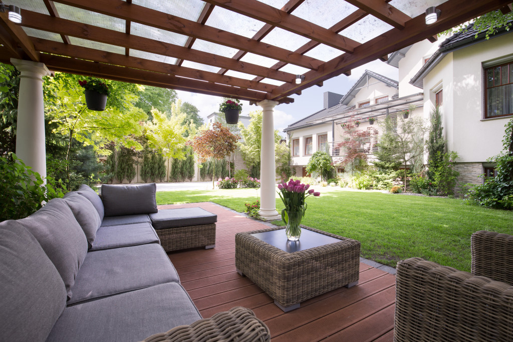 a modern outdoor space with a seating area