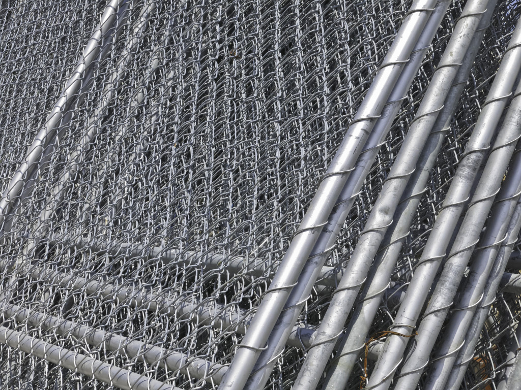 Stack of chain-link fencing on construction site