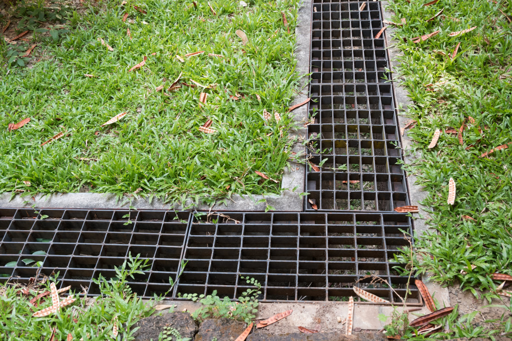 iron grate of water drain in garden field