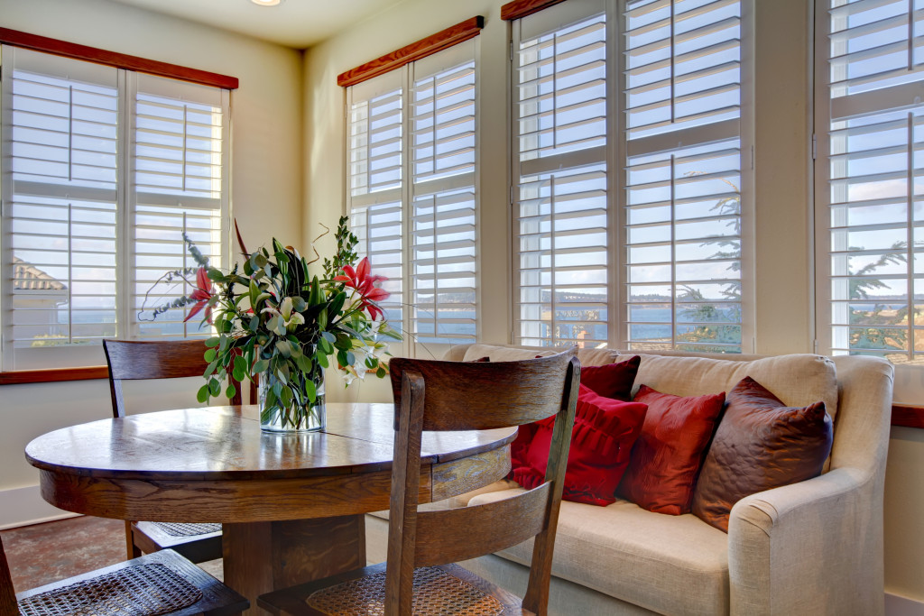 A dining area with windows